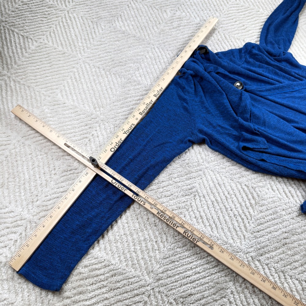 AB Studio Cardigan Women XL Blue Marl Draped Sharkbite Hem Knit Work Minimalist - Picture 8 of 10